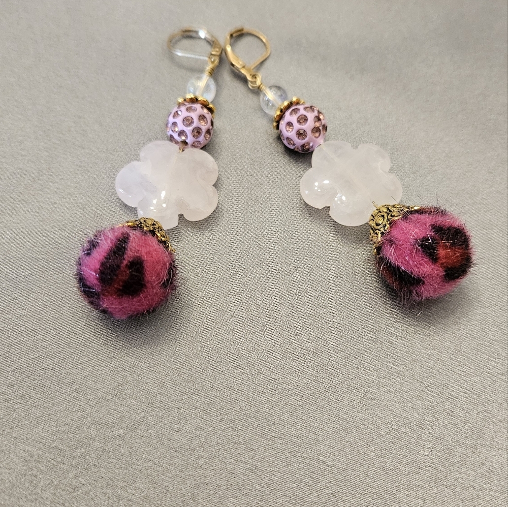 SALE!! Pink Quartz and Fuzzy Cheetah Bead Earrings